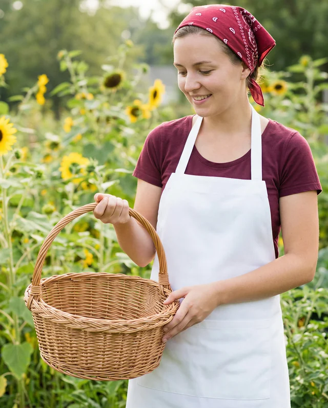 Young Woman in Apron Smiling in Sunflower Field Mockup