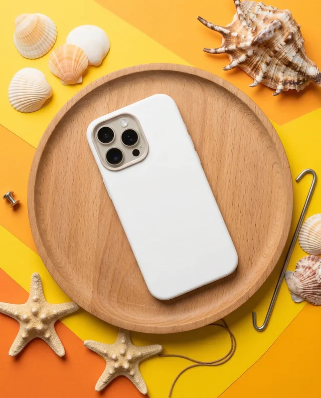 Minimalist Phone Cover Mockup on Vibrant Wooden Plate