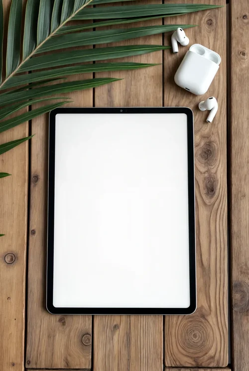 Black iPad Pro Mockup on Rustic Wooden Surface