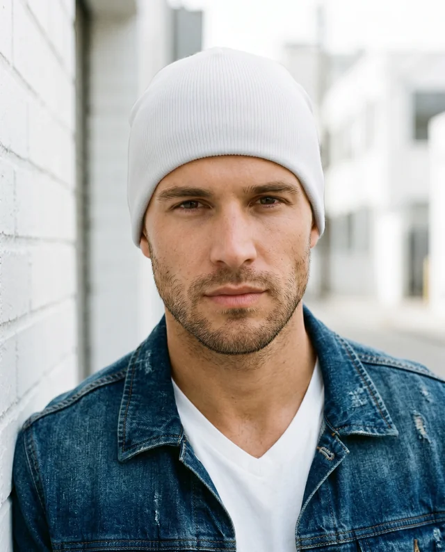 Stylish Young Man in Beanie Mockup Against Urban Wall
