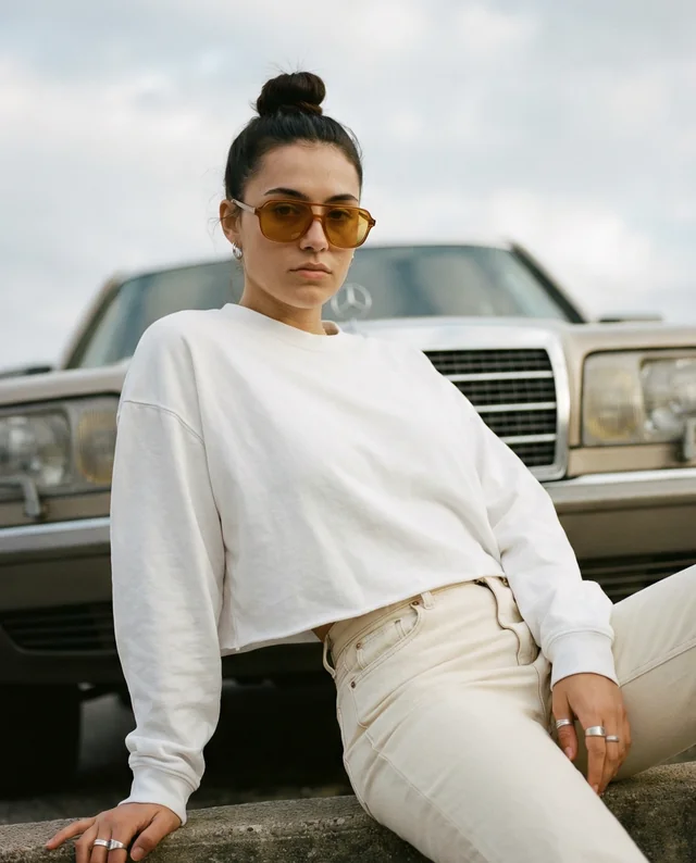 Casual Young Woman in Stylish Crop Top Mockup Image