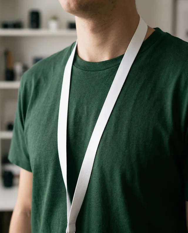 Casual Mockup of Person with White Lanyard and T-Shirt