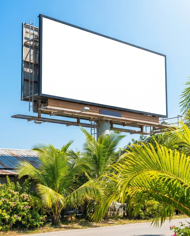 Tropical Billboard Mockup Against Clear Blue Sky