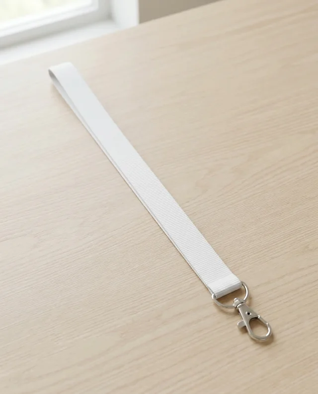 Elegant White Lanyard Mockup on Light Wooden Table