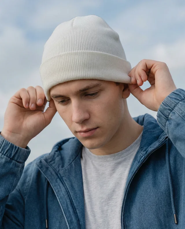 Young Man in Light Beige Beanie Outdoor Mockup Scene