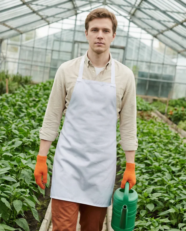 Young Gardener in Apron Mockup in Lush Greenhouse