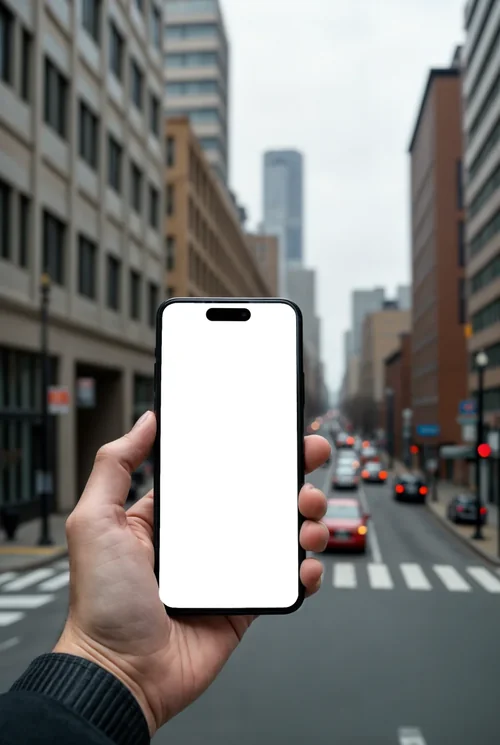 Urban iPhone 16 Pro Max Mockup: Street Scene Perspective
