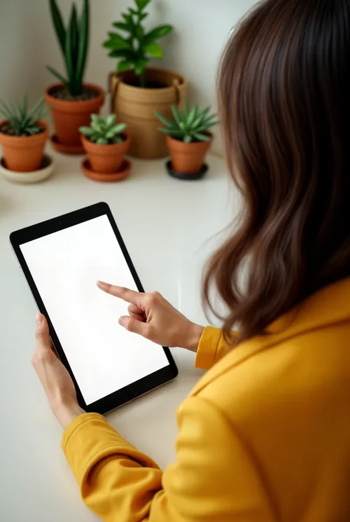 Stylish Mockup of Woman Using iPad in Home Office Setting