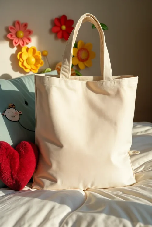 Cream Cotton Tote Bag Mockup with Playful Plush Toys