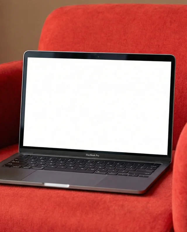 Sleek MacBook Mockup on a Vibrant Red Armchair