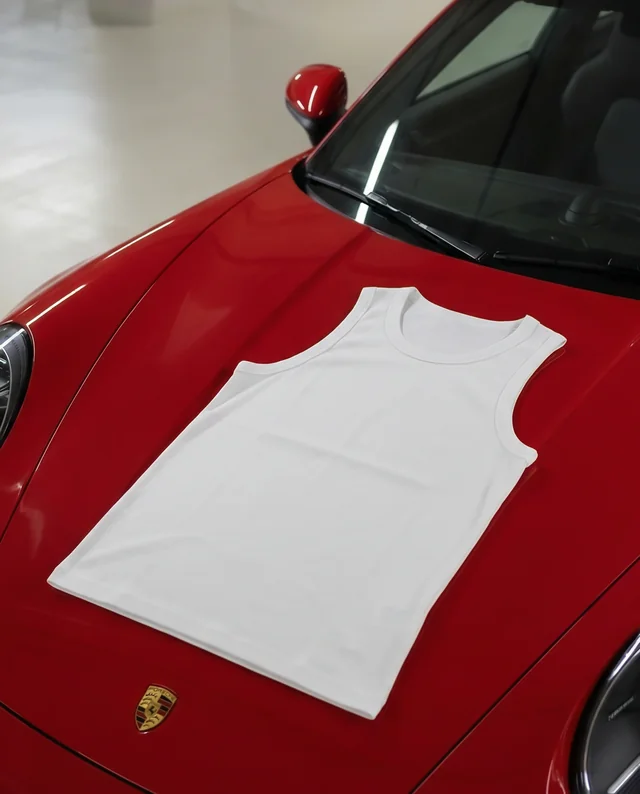 Glossy Red Porsche with White Tank Top Mockup in Garage