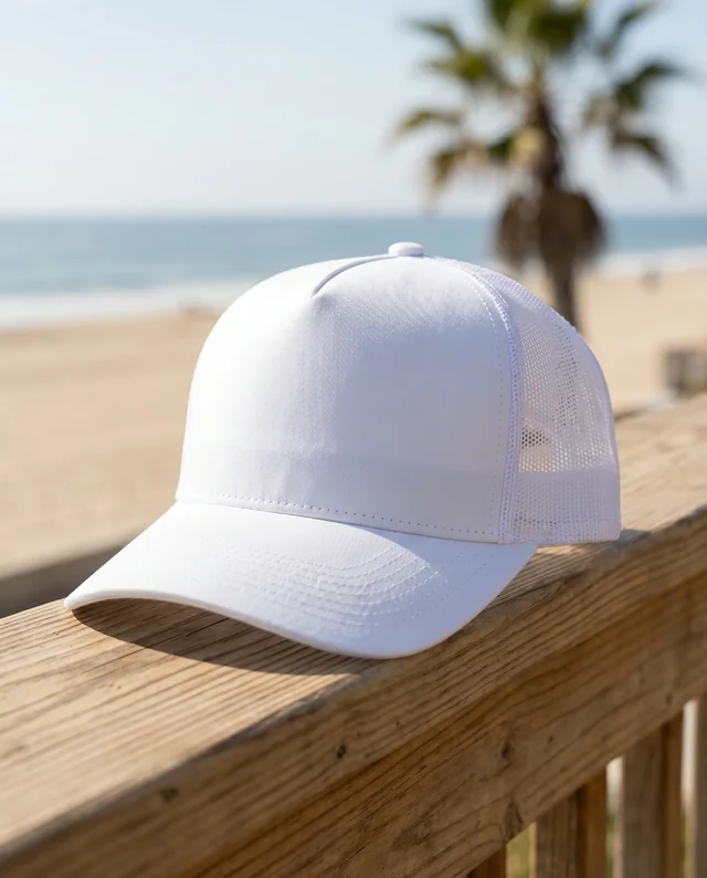 Stylish Hat Mockup on Wooden Railing by the Beach