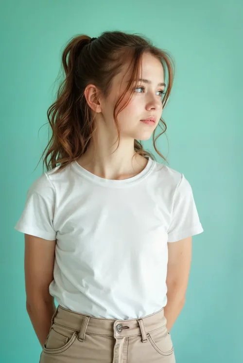 Stylish T-Shirt Mockup: Thoughtful Teen Girl in Portrait