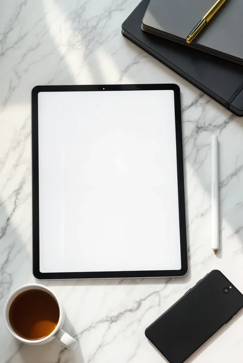 Sleek iPad Mockup on Marble Surface - Modern Aesthetic