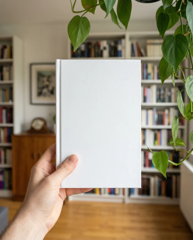 Cozy Living Room Mockup Featuring a Blank Book