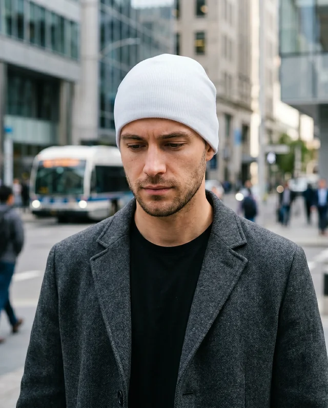 Urban Beanie Mockup Featuring a Young Man in Contemplation