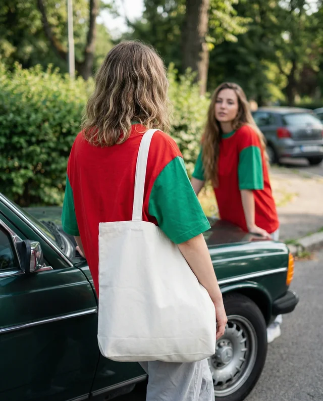 Casual Outdoor Mockup of Young Women with Tote Bag