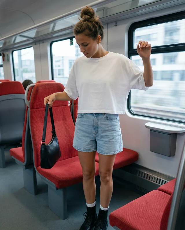 Casual Crop Top Mockup in Modern Train Setting