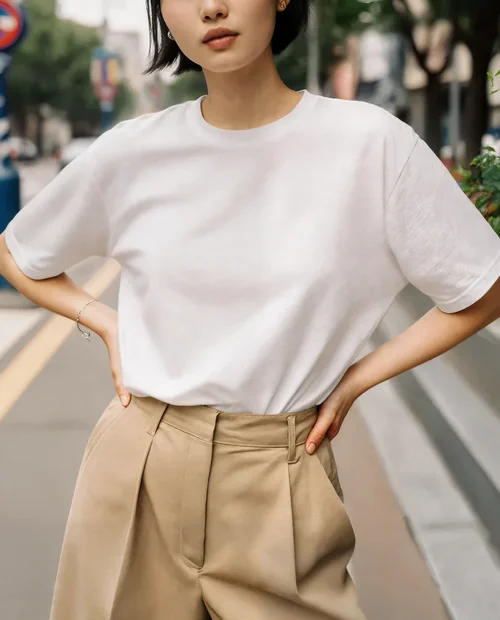 Chic T-Shirt Mockup of a Stylish Young Woman