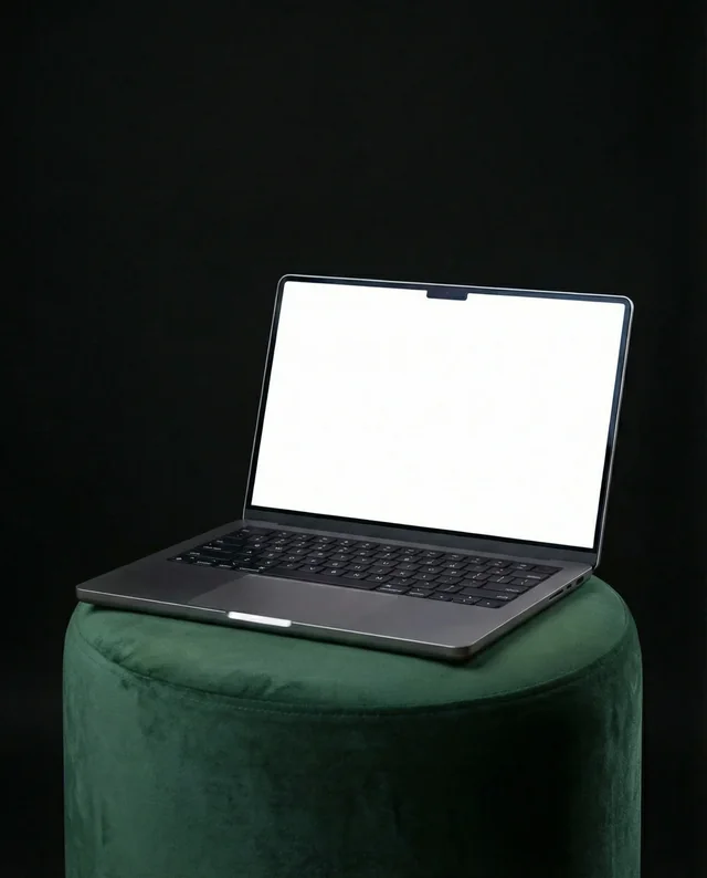 Sleek MacBook Mockup on Plush Green Velvet Stool