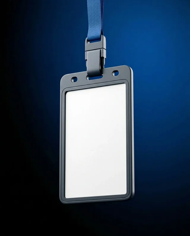 Modern ID Card Mockup with Blue Lanyard on Dark Background