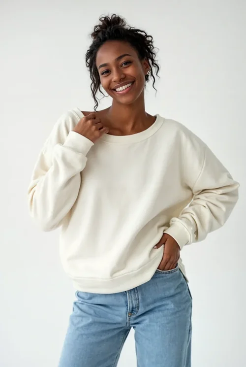 Mockup of a Joyful Woman in a Stylish Sweatshirt