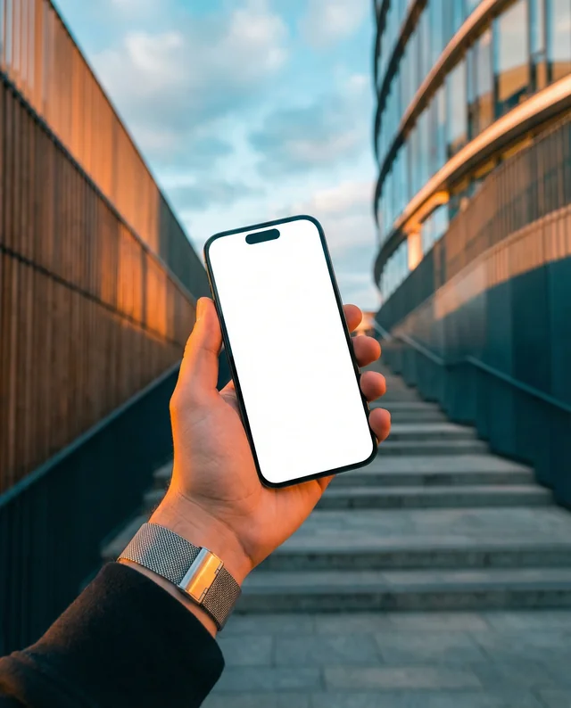 Modern iPhone Mockup in Urban Setting with Stylish Watch