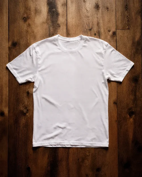Mockup of Classic White T-Shirt on Rustic Wooden Surface