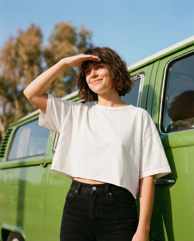 Carefree Young Woman in Crop Top by Vintage Green Van