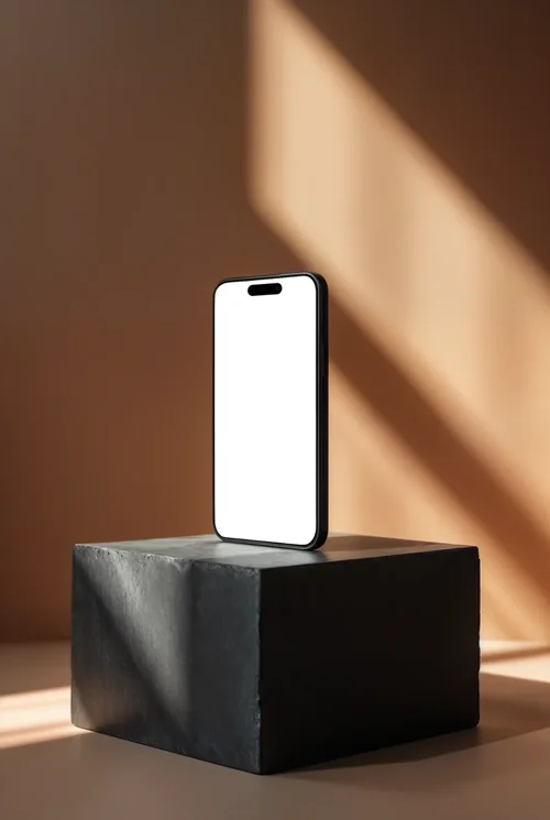Modern iPhone Mockup on Minimalist Stone Plinth