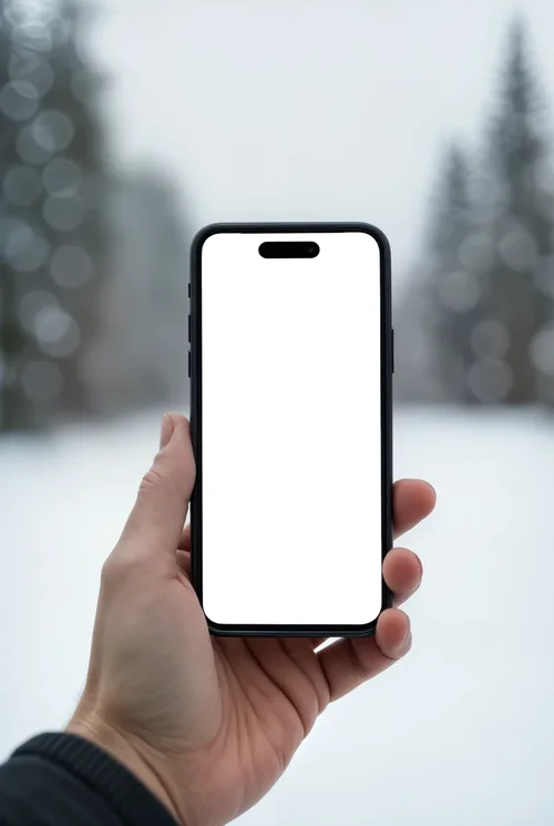Black iPhone 16 Pro Max Mockup in Winter Landscape