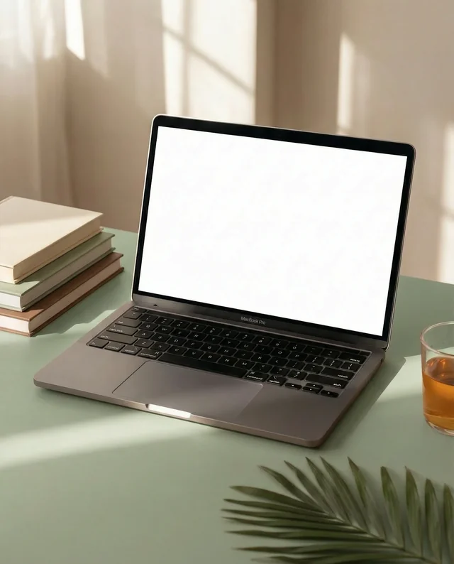 Sleek MacBook Mockup on Green Desk with Tropical Vibes