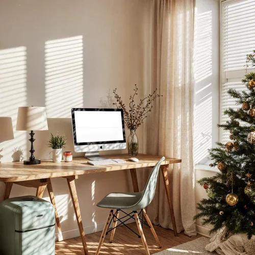 Cozy Home Office Mockup Featuring iMac and Festive Decor