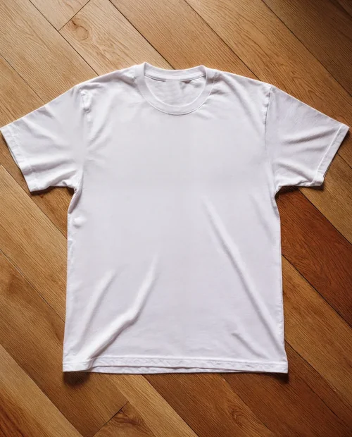 Mockup of Classic White T-Shirt on Wooden Floor