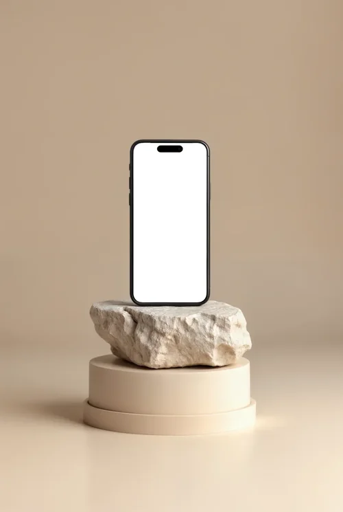 Minimalist iPhone Mockup on Textured Rock Pedestal