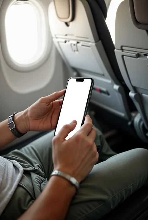 Realistic iPhone Mockup in Airplane Cabin Setting