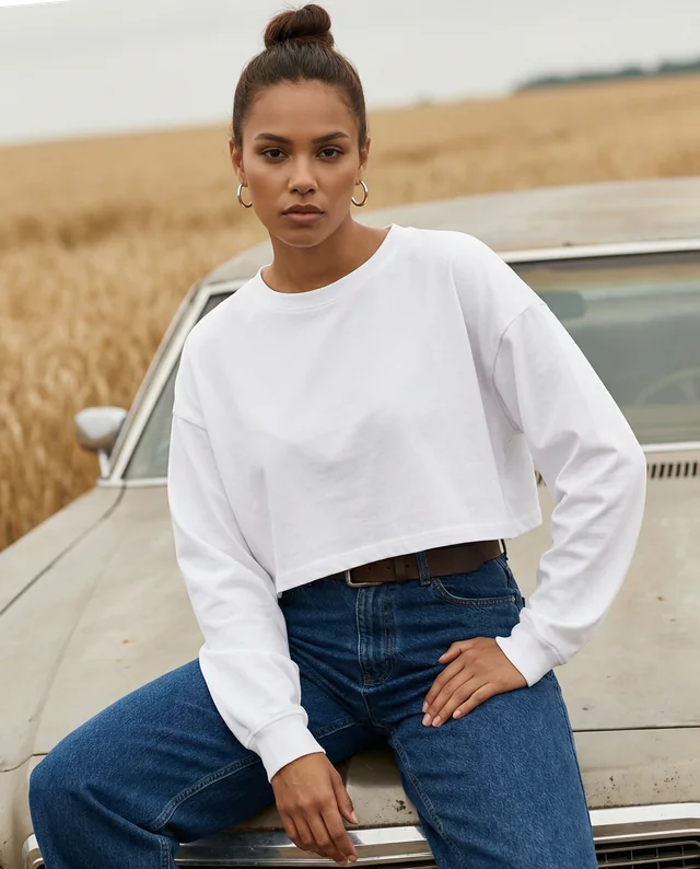 Confident Woman in Crop Top Mockup on Vintage Car
