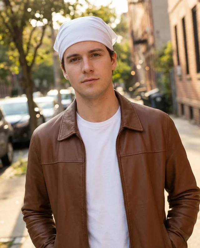 Stylish Young Man in Brown Jacket with Bandana Mockup
