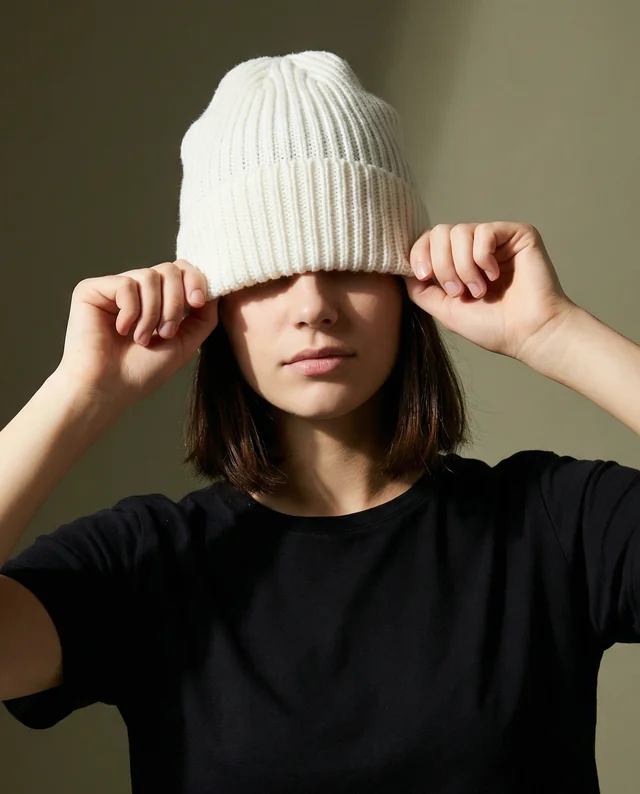 Playful Young Woman in Ribbed White Beanie Mockup