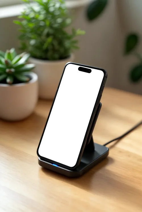 Modern iPhone 16 Pro Max Mockup with Wireless Charger