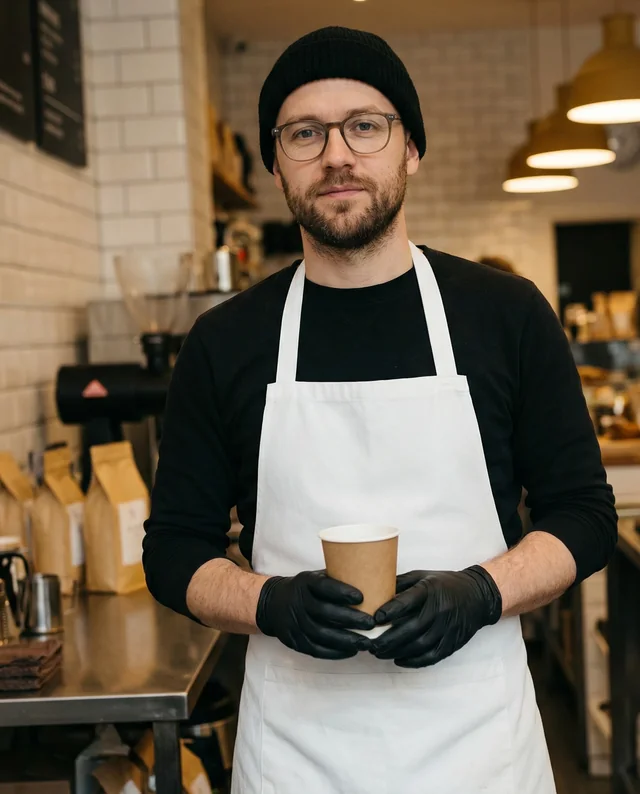 Young Barista in Stylish Coffee Shop with Apron Mockup