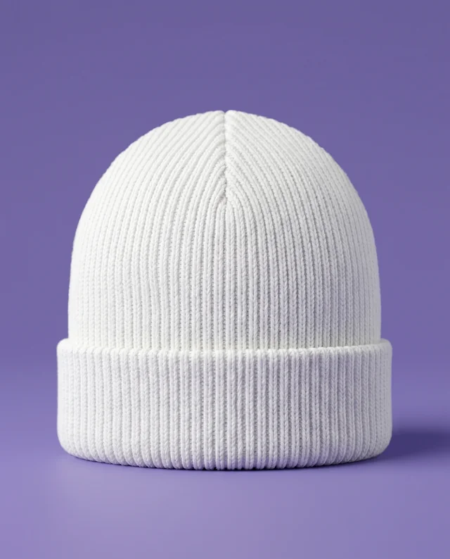 Cozy White Ribbed Knit Beanie Mockup on Purple Background