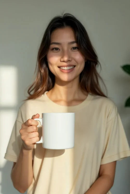 Mockup of a White Mug with Soft Beige Background Colors