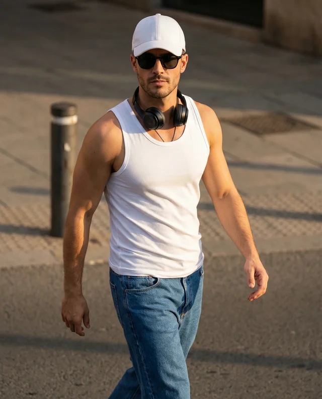 Confident Man in White Tank Top Urban Mockup Scene