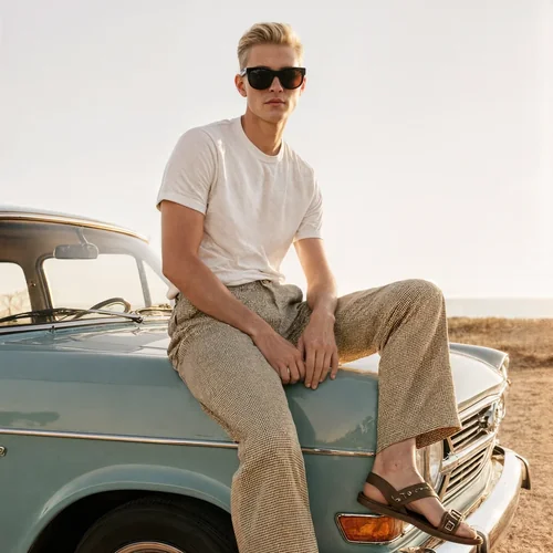 Stylish T-Shirt Mockup with Light Blue Car and Sunset Colors