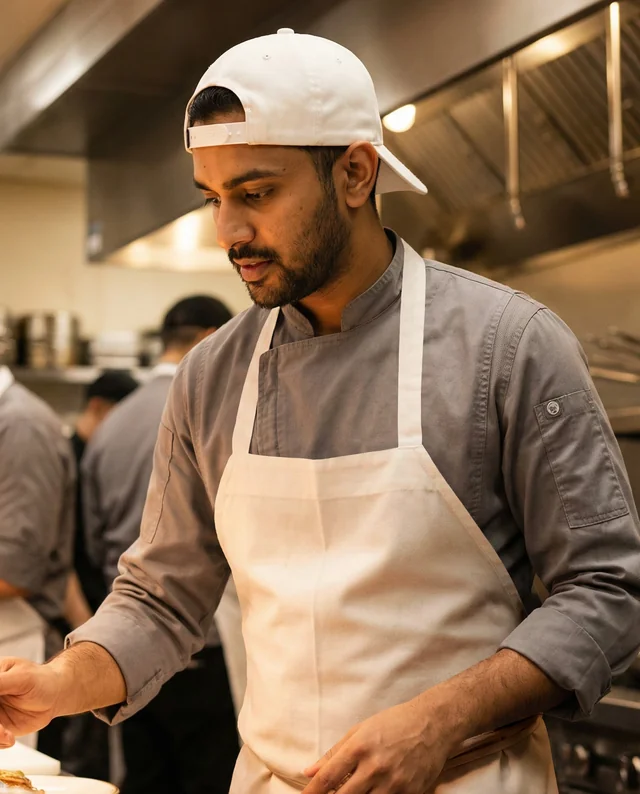 Focused Male Chef in Modern Kitchen Mockup with Apron