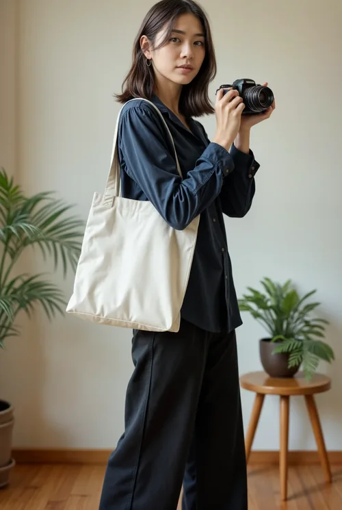 Stylish Mockup of a Tote Bag with Young Woman in Focus