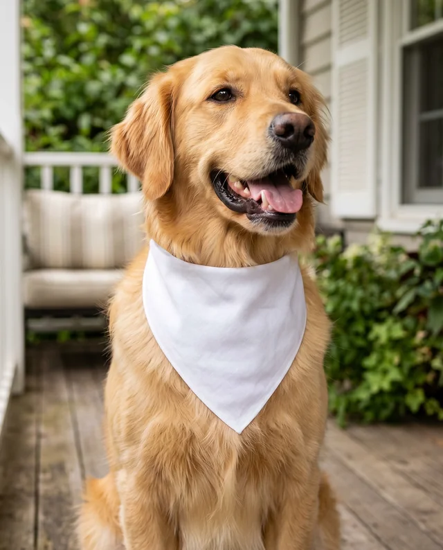 Joyful Golden Retriever in Bandana Mockup on Porch