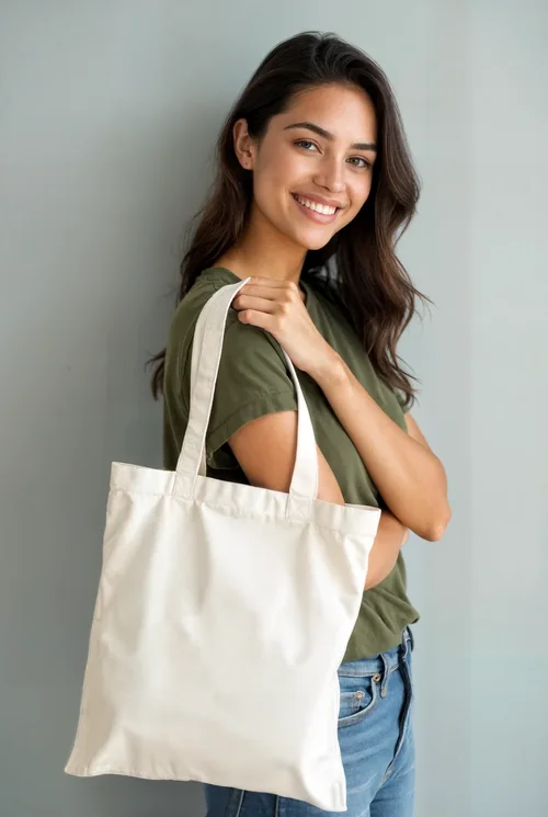 Bright Smiling Woman Mockup with Tote Bag