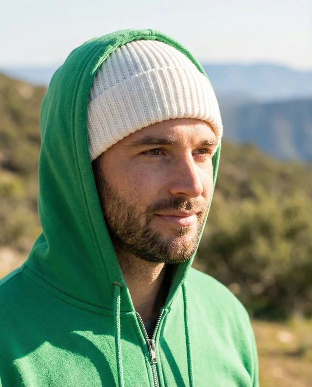 Serene Young Man in Beanie Mockup Surrounded by Nature